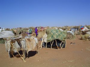 Picture of IDP camp in Sudan resulting from the Darfur conflict. Original captions states: "Internally Displaced Persons (IDPs) use sticks and scraps of plastic to construct makeshift shelters at Intifada transit camp near Nyala in South Darfur. These shelters are characteristic of many IDP settlements in Darfur."