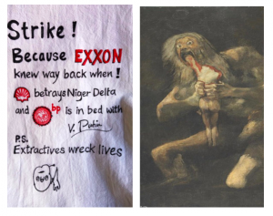 Sources: (left) Photo by David Little during climate strike, aragoza, Spain, September 27, 2019; (right):  Goya (1820) Saturn Devouring his Son.
