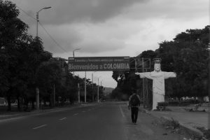 black and white image showing the border between Colombia and Venezuela