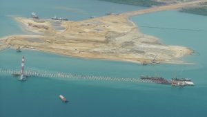 Construction underway of a new port at Lamu, Kenya.